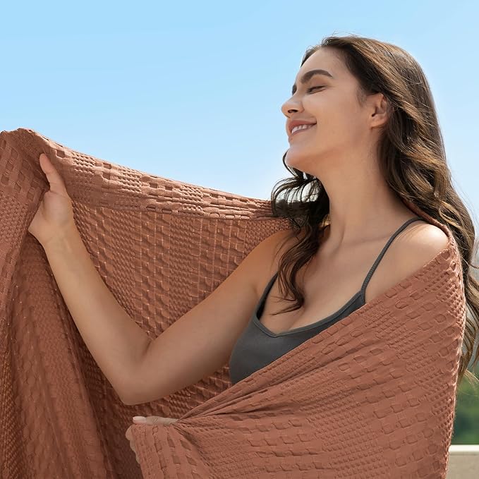 PHF Cooling Waffle Blanket Queen Size,Lightweight 60% Rayon Derived from Bamboo & 40% Cotton Breathable Blanket for Hot Sleepers, Soft and Luxury for Bed Couch and Sofa, 90"x90", Burnt Umber-Ruum Studio Home