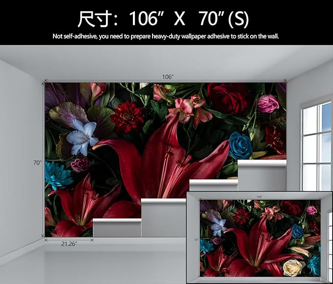 Large Dark Floral Wallpaper Colorful Spring Flowers Background Wall Mural (Not Peel and Stick)-Ruum Studio Home
