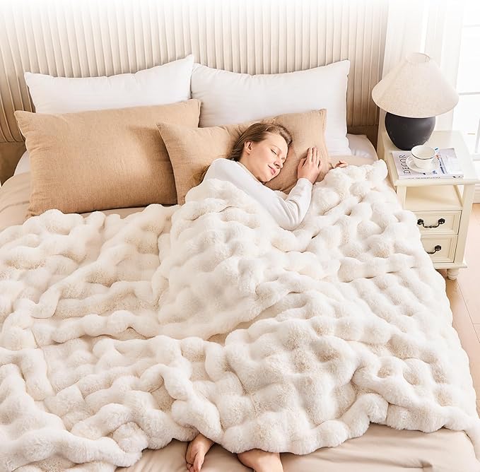 Cozy Faux Fur Throw Blanket for Bed-Warm Fuzzy Throw Blanket, Soft Plush Thick Bubble Blankets for Bedroom and Living Room, Furry Luxury Blanket, 60 x 80, Cream-Ruum Studio Home