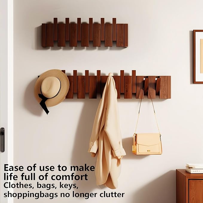 Wall Mounted Piano Key Hanger | Flip Style Hook | Entrance Wall Art Hook, Made of Oak Wood (3 Times Painted, 4 Times Polished) (Walnut, 8Hooks)-Ruum Studio Home