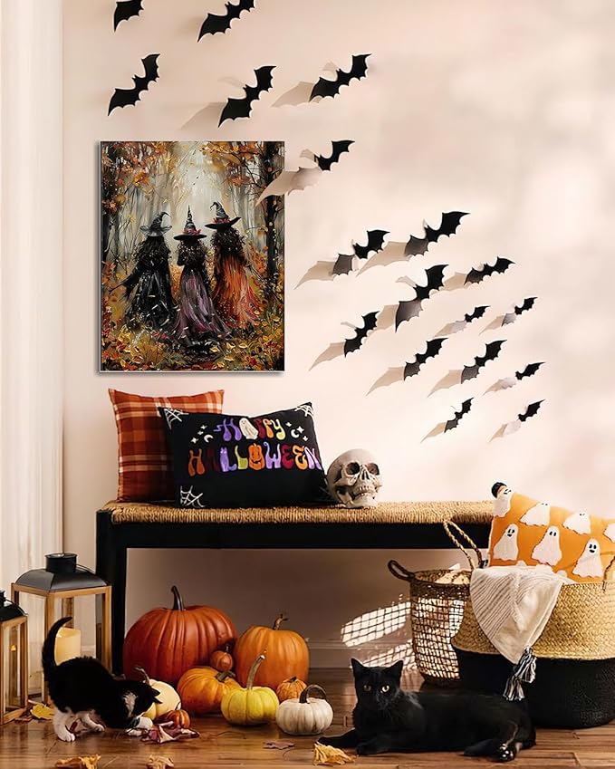 Halloween Canvas Wall Art, Vintage Three Witches Poster, Gothic Dark Academia Wall Decor, Spooky Halloween Decor for Living Room, Bedroom & Bathroom, Framed Fall Decorations Indoor-Ruum Studio Home