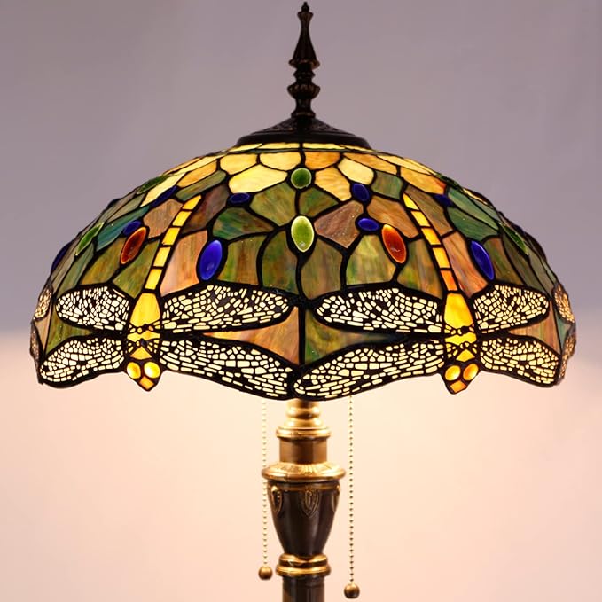 Tiffany Floor Lamp Stained Glass Lamp Standing Reading Light 16x16x70 Inch for Living Room (Amber Yellow Dragonfly)-Ruum Studio Home