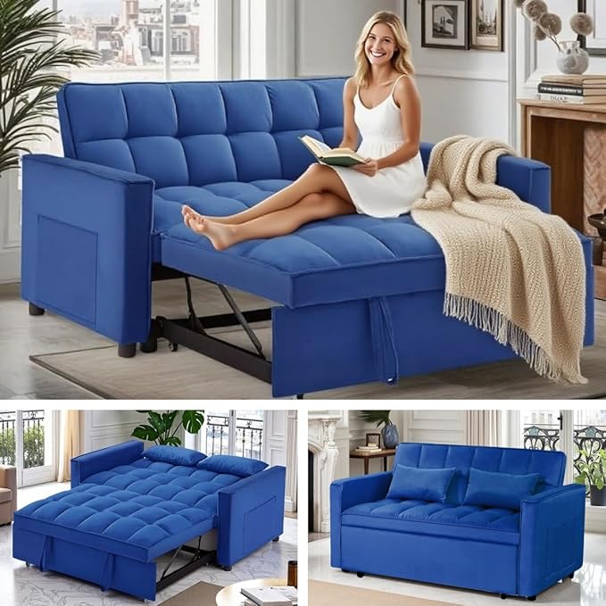3 in 1 Sleeper Sofa Bed, Futon Sofa Bed for Living Room with Side Pocket, Blue Sleepers Sofas Couch with Pullout Beds, Convertible Love Seat Sleepers couch for Living Room, Bedroom, Small Space-Ruum Studio Home