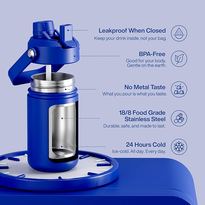 Kids Insualated Water Bottle with Straw - 12oz Stainless Steel Water Bottle with Dual Spouts, Leak-Proof, BPA-Free, Double Wall Vacuum Keeps Cold for 24 Hours for Sports, Travel, School (Royal Blue)-Ruum Studio Home