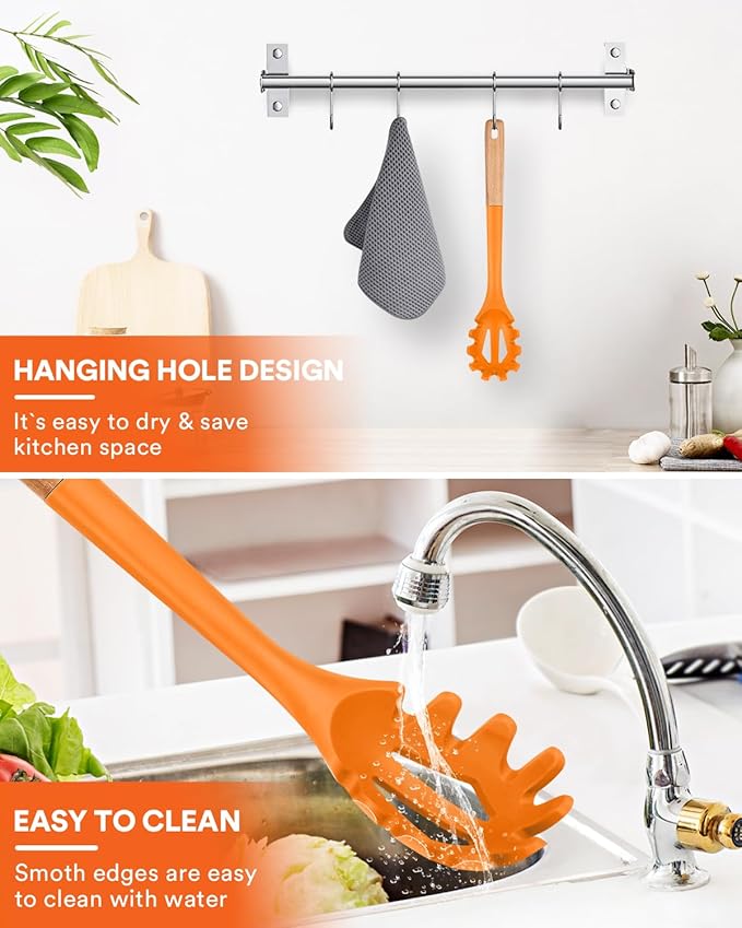 Silicone Pasta Fork, Kitchen Heat Resistant Noodle Spoon Server, BPA Free Spaghetti Strainer,12.8 inch (ORANGE)-Ruum Studio Home