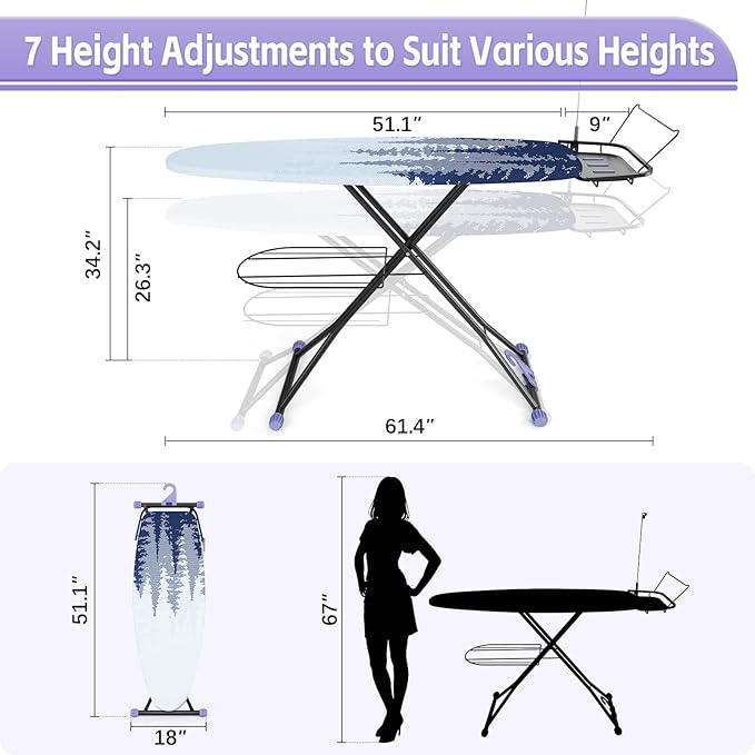 Full Size Ironing Board, 18x51 Iron Board with Metal Panel Stretchable Iron Rest, Adjustable Height Heavy Duty Heat & Scorch Resistant Cover Ironing Board, for Home, Laundry, Purple-Ruum Studio Home