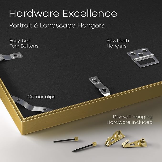 Homeforia A5 Picture Frame Gold, High End Metal 5.8 x 8.3 Frames Matted to 4.1 by 5.8 inch Photo, A5 Frame with Mat A6, 5.8x8.3 Poster Frames, 8.3x5.8 Display Frame, Tempered Glass, Wall Kit, Set of 1-Ruum Studio Home