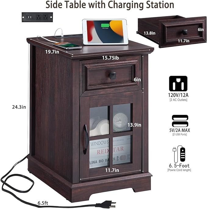 Farmhouse XXL End Table with Charging Station, Side Table with USB Ports and Outlets, Nightstand with Drawer and Glass Door Storage, Cherry Bedside Tables for Living Room, Bedroom, Office-Ruum Studio Home