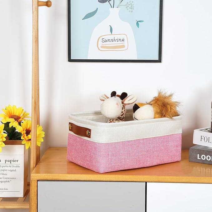 DULLEMELO Small Storage Baskets 6 Pack, Fabric Collapsible Gift Storage Baskets for Shelves, Closets, Nursery, Home, Office Organizing,Small Canvas Linen Rectangular Storage Bins (6-Pack, White&Pink)-Ruum Studio Home