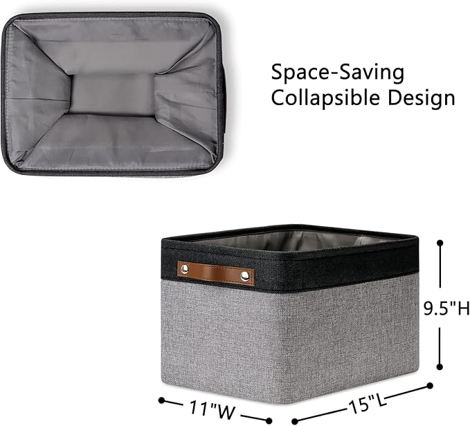 DULLEMELO Canvas Storage Bin with Handles, Fabric Bins for Shelves, Bedroom, Office,Nursery,Fabric Storage Baskets for Toys, Clothes,Gift(Black&Grey,15"x11"x9.5",4-Pack)-Ruum Studio Home