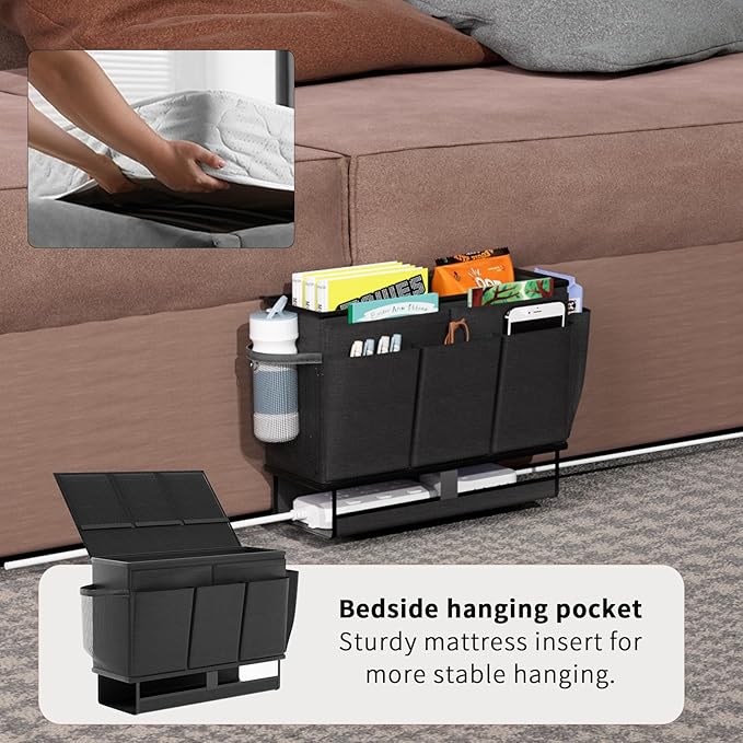 Bedside Caddy, Bed Organizer with 11 Pockets and Power Strip Holder,Versatile Bedside Storage Caddy for Home,Dorm,Bunk,Hospital,Crib Bed (Black)-Ruum Studio Home