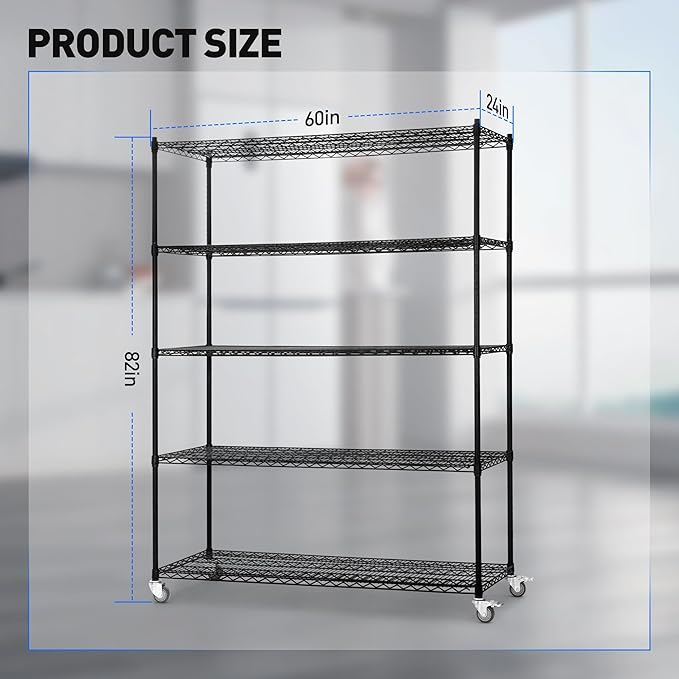 5 Tier Wire Shelf Shelving Unit, 60"x 24"x82" Metal Storage Shelves, Heavy Duty Garage Storage Shelves with Wheels, Chrome 3000LBS Capacity Wire Shelf Rack for Restaurant, Garage, Pantry, Kitchen-Ruum Studio Home