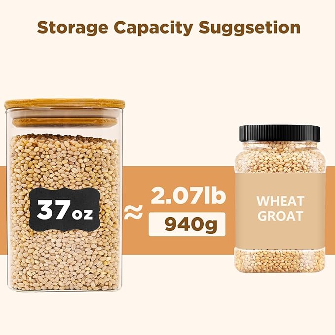 Glass Food Storage Jars Square 37oz, 4 Pack Glass Jars With Bamboo Lids, Kitchen Storage Containers For Spice, Candy, Cookie, Storage For Pantry Organizers-Ruum Studio Home