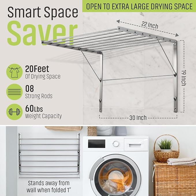 Smartsome | Wall Mounted | Clothes Drying Rack | 30" Wide | 20 Linear Feet Capacity | 8 Smooth Round Stainless Steel Rods | 60 lb Capacity | Fully Assembled | Compact Sturdy Space-Saving Design-Ruum Studio Home