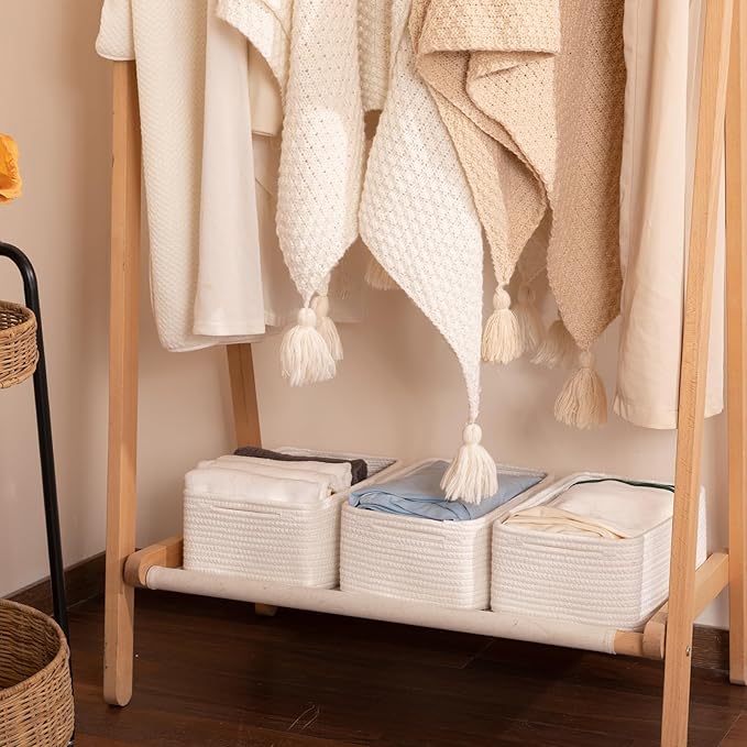 3 Pack Small Storage Baskets for Organizing, Cute Woven Decorative Gift Baskets for Shelves, Mini Closet Organizer Bins with Handles-13''Lx8.66''Wx5.11''H-White-Ruum Studio Home