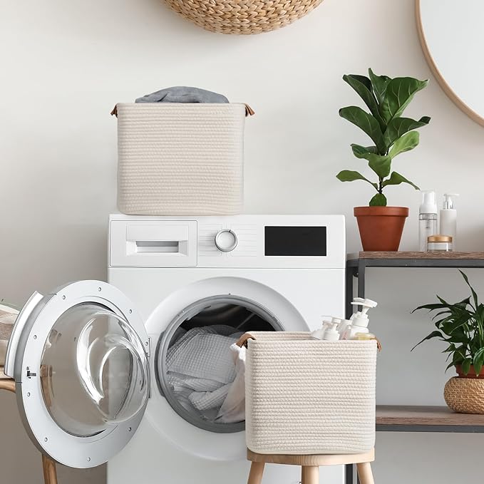 danpinera Set of 3 11 Inch Storage Baskets, Cube Storage Bins, White Woven Baskets with Stable Leather Handles, Square Cotton Rope Bins for any Room, Easy to Recover-Ruum Studio Home