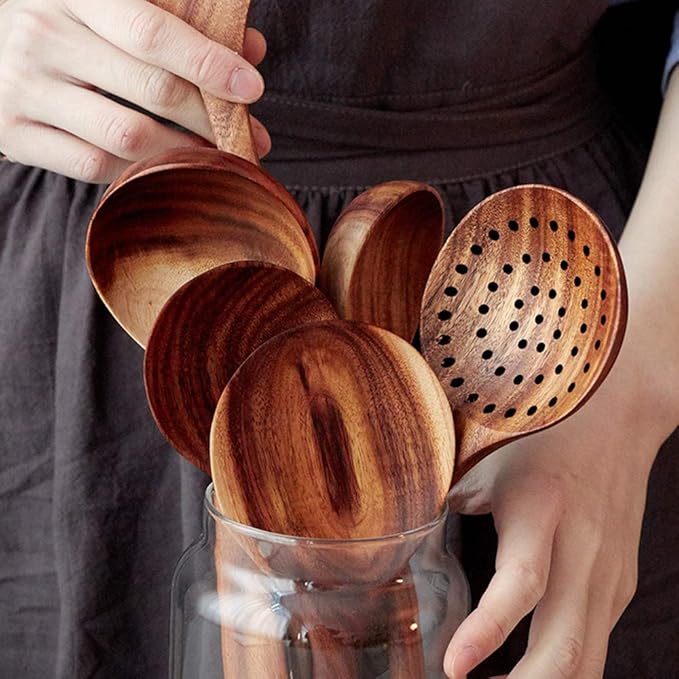 7 Pcs Acacia Wood Cooking Utensils Set Large Wooden Spoons for Cooking Spatula Salad Mixing Spoon Non Toxic Utensil for Kitchen Use Spatulas Non Stick Turner Slotted Serving Spoon Kitchen Utensils-Ruum Studio Home