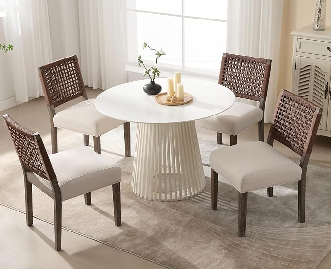 Kmax Farmhouse Dining Chairs Set of 6, Rustic Kitchen Chairs with Linen Fabric Seat and Woven Back, Vintage Accent Chairs for Dining Room, Living Room, Beige-Ruum Studio Home