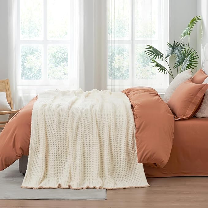 Snuggle Sac Cream Waffle Throw Blanket for Couch Bed Sofa 60x80 inches, Reversible Cream Blanket Microfiber Fluffy Fuzzy Cozy Knit Twin Blanket for Women Mothers Birthday Gifts-Ruum Studio Home
