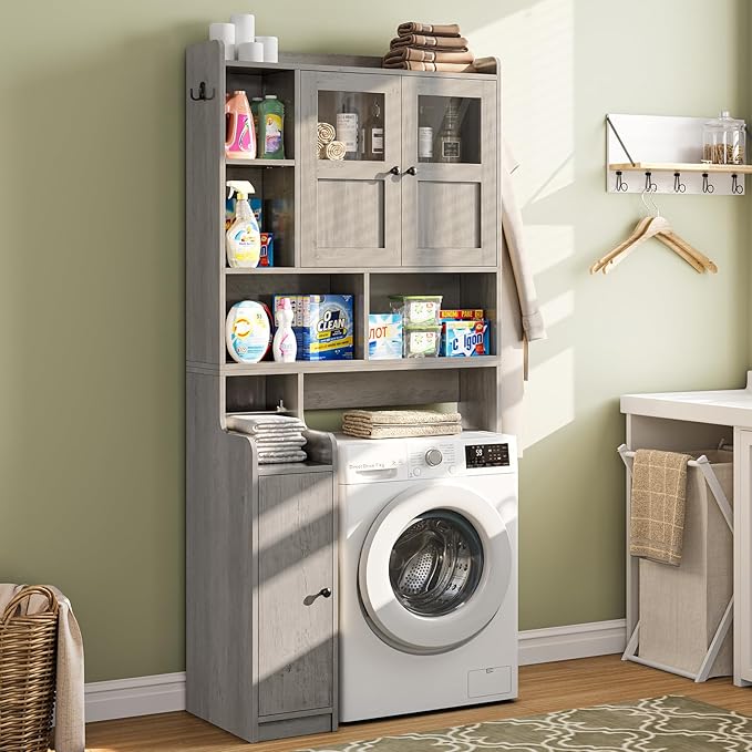 Itaar Over The Toilet Storage Cabinet, Over Toilet Bathroom Organizer with Glass Doors & Toilet Paper Holder Stand, Home Space-Saving Toilet Rack, for Bathroom, Restroom, Laundry, Grey-Ruum Studio Home