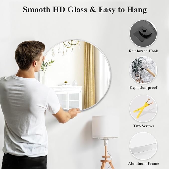 Fabuday Silver Round Mirror for Wall 24 inch - Circle Mirror for Bathroom, Entryway, Living Room, Hallway, Vanity Decor, Small Matte Metal Frame Mirrors-Ruum Studio Home