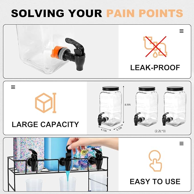 3-Pack 2.2L Glass Laundry Detergent Dispenser Set with Stand - Premium Liquid Soap Dispenser with PP Spigots, Measuring Cups, and Chalkboard Labels for Laundry Room Organization and Storage-Ruum Studio Home