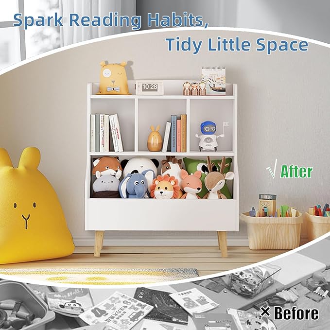 Kids Bookshelf and Toy Storage, 4-Cubby Toy Storage Organizer with Bookcase, Wood Kid Storage Cubby, 24"L x 14"D x 28"H Montessori Toy Shelf, Toddler Book Shelf for Kids Room Nursery Playroom-Ruum Studio Home