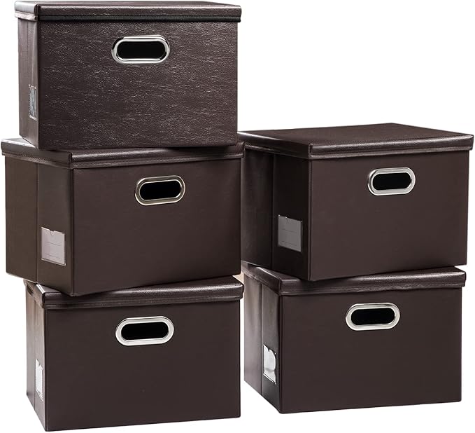 PRANDOM Large Stackable Storage Boxes with Lids [5-Pack] Leather Fabric Foldable Storage Bins Organizer Containers Baskets Cubes with Cover for Bedroom Closet Office Nursery Brown(17.7x11.8x11.8)-Ruum Studio Home