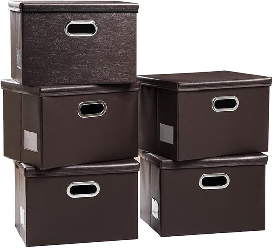 PRANDOM Large Stackable Storage Boxes with Lids [5-Pack] Leather Fabric Foldable Storage Bins Organizer Containers Baskets Cubes with Cover for Bedroom Closet Office Nursery Brown(17.7x11.8x11.8)-Ruum Studio Home