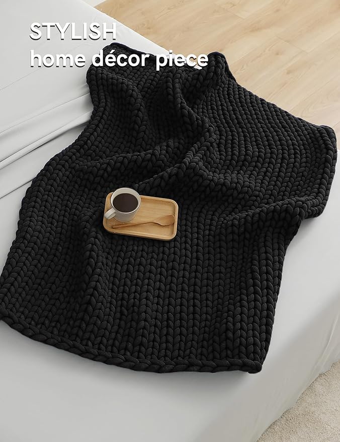 YnM Chunky Throw Blanket, Medium-Weight, Hand Knitted, Skin Friendly, Ventilated and Breathable, Machine Washable, Home Décor Piece for Couch, Sofa and Bed (Black, 60x80 Inch)-Ruum Studio Home