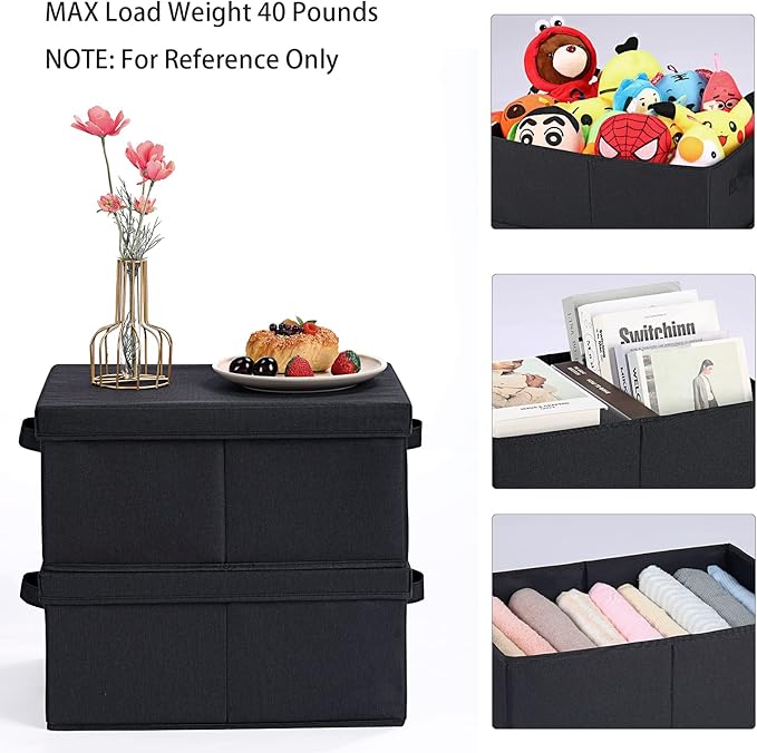 HOONEX Storage Bins with Lids for Organizing, Pack of 2, Storage Boxes with 2 Carrying Handles and Sturdy Heavy Cardboard, 16.5" L x 11.8" W x 7.5" H for Shoes, Books, Clothes, Black-Ruum Studio Home