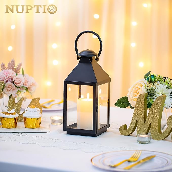 NUPTIO Black Decorative Candle Lantern: Metal Pillar Candle Holders for Table Centerpiece - 10.2in Tall Hanging Lanterns for Outdoor Wedding Party Home Living Room Fireplace Decor-Ruum Studio Home