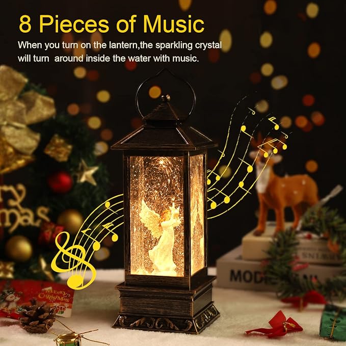 Christmas Decorations Snow Globe Lantern,Christmas Lantern with 8 Christmas Theme Music,Christmas Snow Globe Gifts Water Glittering Swirling Christmas Home Decoration（Dove Angel）-Ruum Studio Home