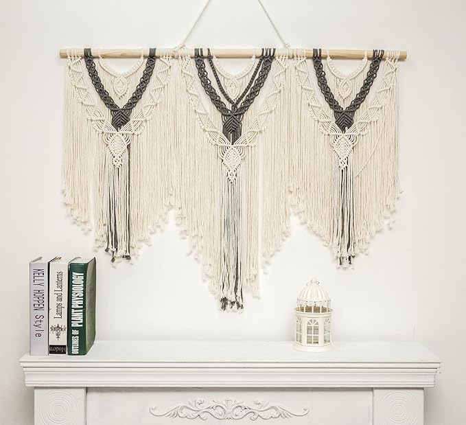 guzhiou large macrame wall hanging - Boho Tapestry Macrame Wall Decor Art- Chic Bohemian Handmade Woven Tapestry Home Decoration for Bedroom Living Room Apartment Wedding Party - 43"x32" (Beige-grey)-Ruum Studio Home