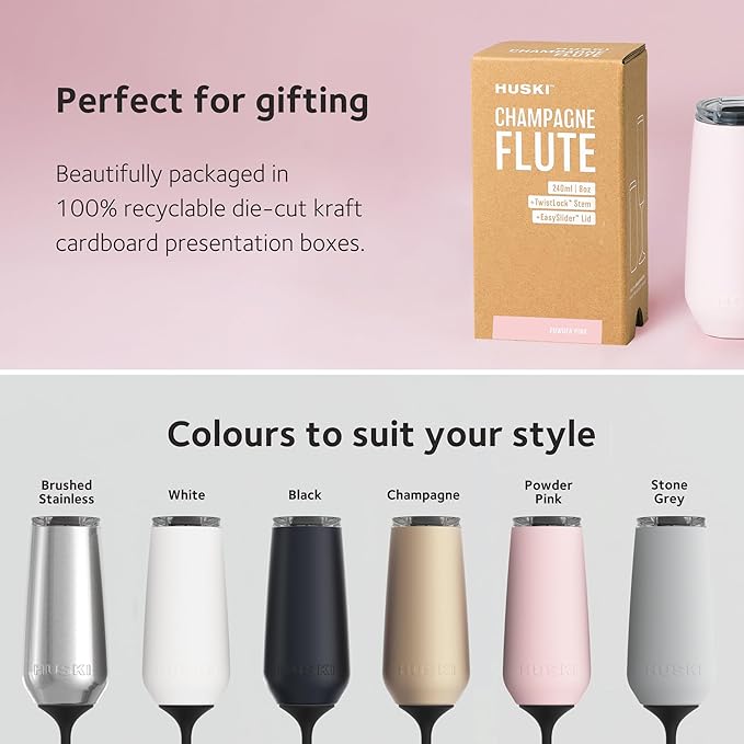 Huski Champagne Flute | NEW | Award-winning Design with Detachable Stem | Premium Stainless Steel Champagne Glass with Lid | Triple Insulated Tumbler | 8oz Capacity | Great Gift (Stone Grey)-Ruum Studio Home