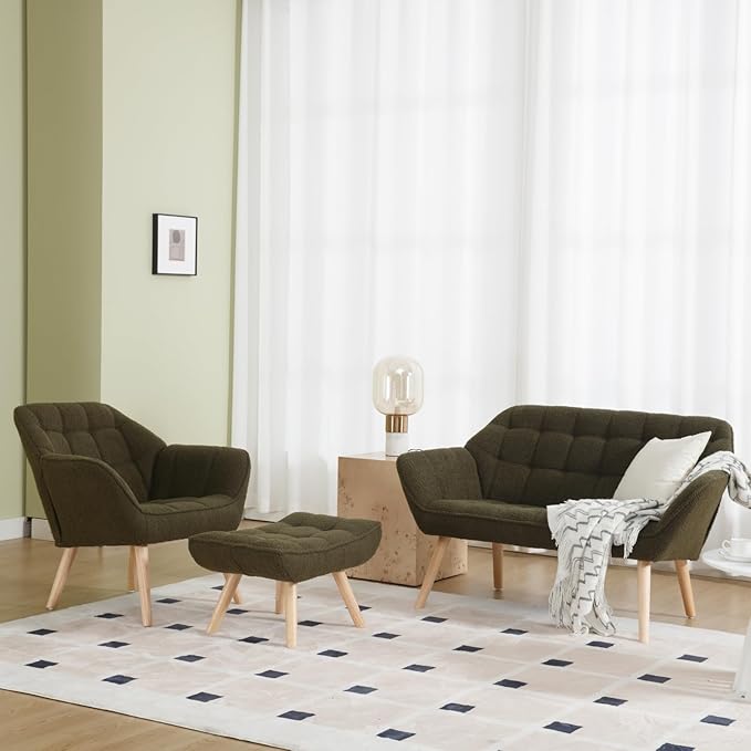 Green Sherpa Accent Chair with Ottoman ，Modern Reading Chair with Ottoman Set, Comfy Fuzzy Armchair Living Room Chair Lounge Chair with Wood Legs for Small Spaces Bedroom Apartment-Ruum Studio Home