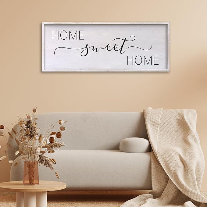 Home Sweet Home Sign Wall Decor 40"x15" Above Bed Living Room Large Wooden Framed Family Plaques Art (White)-Ruum Studio Home