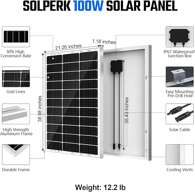 SOLPERK 100 Watt Solar Panel 12 Volt, 100W Solar Panel High-Efficiency Monocrystalline Solar Panels for Home, RV, Camping, Marine, Rooftop, Off-Grid Applications-Ruum Studio Home