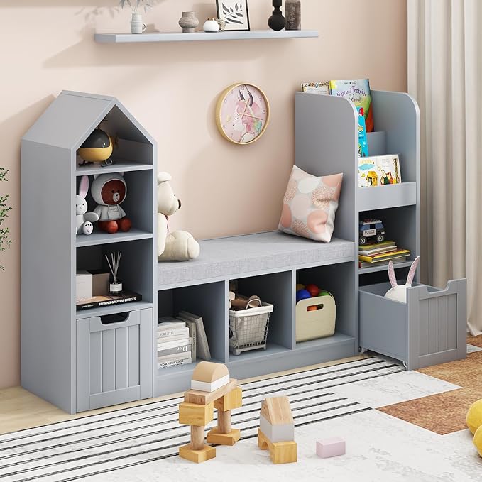 Vabches Toy Storage Organizer for Kids Bookshelf with Reading Nook, Multifunctional Bookcase with 7 Storage Cubbies, 2 Movable Drawers and Seat Cushion for Keeping Kids' Toys Books Organized, Grey-Ruum Studio Home