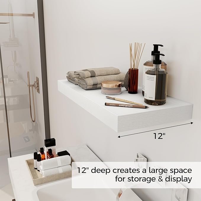 12 Inch Deep White Floating Shelves, 24 x 12 Floating Shelf for Books, Rustic Wood Deep Wall Shelves for Home Storage & Display, 2" Thicked Shelves for Kitchen, Living Room, Bedroom, 1 Pack-Ruum Studio Home