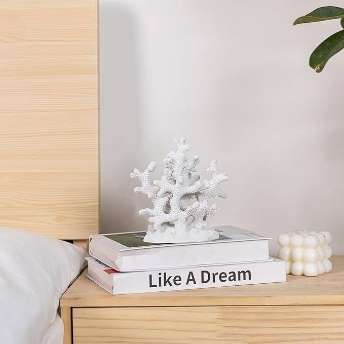 7.1" H White Coral Decor, Resin Statue, Nautical Decorations for Home, Bedroom, Bathroom, Living Room, Beach/Coastal/Ocean Themed Cabinet Shelf Tabletop Decor-Ruum Studio Home