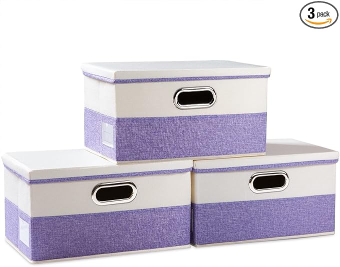 PRANDOM Collapsible Storage Bin with Lid [3-Pack] Fabric Foldable Storage Box Organizer Container Basket Cube with Cover for Home Bedroom Closet Office Nursery Purple&Cream(14.9x9.8x9.8)-Ruum Studio Home