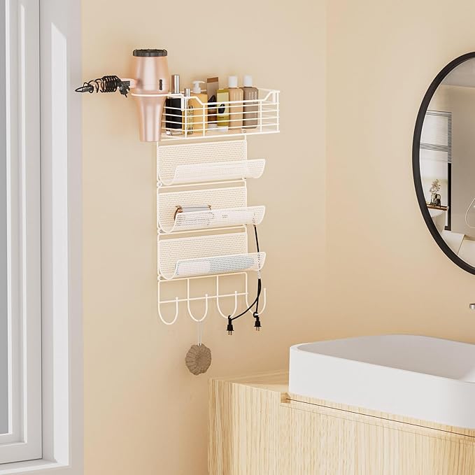 VITVITI Metal Hair Tool Organizer Wall Mount, Hair Dryer Holder with 4 Tier Shelf Basket Hooks, Bathroom Hairs Styling Tool Organizer for Curling Iron/Blow Dryer/Straightener, White-Ruum Studio Home