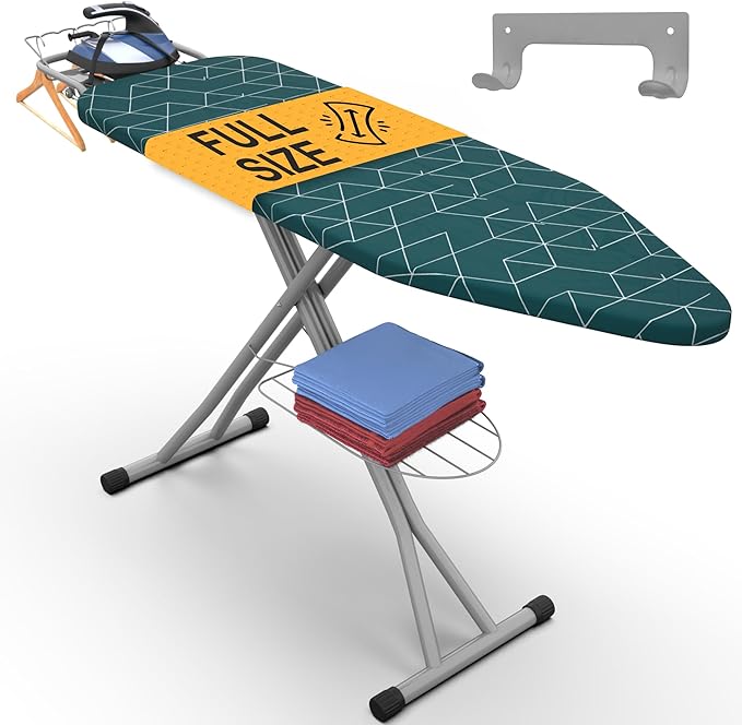 Xabitat Full Size Ironing Board 57" X 15" with Wall Mount Hanger, Full Metal Construction Iron Board, Built in Iron Caddy, Heat & Scorch Resistant Fabric, Cord Holder, Anti-Skid Feet, Heavy Duty-Ruum Studio Home