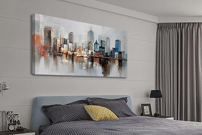 Arjun Brooklyn Bridge Wall Art Modern New York City Abstract Canvas Cityscape NY Painting Large Framed Colorful NYC Skyline Textured Picture for Living Room Bedroom Home Office Wall Decor, 48"x24"-Ruum Studio Home