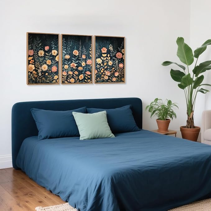 HPNIUB Modern Dark Wildflower Framed Canvas Wall Art Set,Minimalist Nature Jungle Botanical Landscape Wall Decor, (16x24 Inch) Farmhouse Painting for Living Room, Bedroom, Office-Ruum Studio Home
