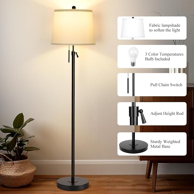 Black Floor Lamps for Living Room Adjustable Height Standing Lamp Modern Tall Pole Lamps for Bedroom Office with White Linen Shade 3 Color Temperature 9W LED Bulb Included-Ruum Studio Home
