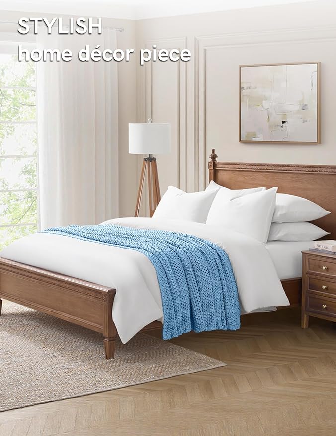 YnM Chunky Cotton Knit Throw Blanket, Cable Knit Throws for Bed Couch Sofa, Comfy & Relaxing, Decorative Piece for Farmhouse Modern Boho Rustic Scandinavian Chic Vibe, Aqua Blue 60x80 Inches-Ruum Studio Home