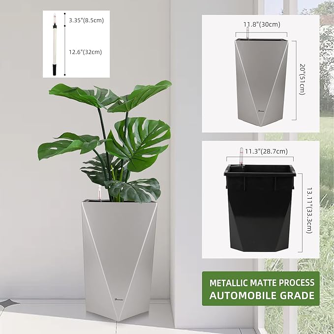 Dexceder 20 Inches Tall Self Watering Planter Diamond Metallic Matte Indoor Outdoor, Thickened Rhombus Large Floor Standing Flower Plant Pot with Water Level Indicator (Gray)-Ruum Studio Home