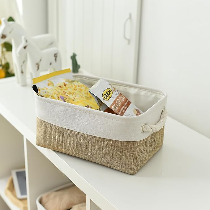 TheWarmHome Storage Basket for Organizing - 1 Pack 12x8x5.2 inch Baskets for Gifts Empty with Handles, Fabric Storage Cubes for Organizer Closet Dog Gift Cloth Toy (Whiet & Khaki)-Ruum Studio Home